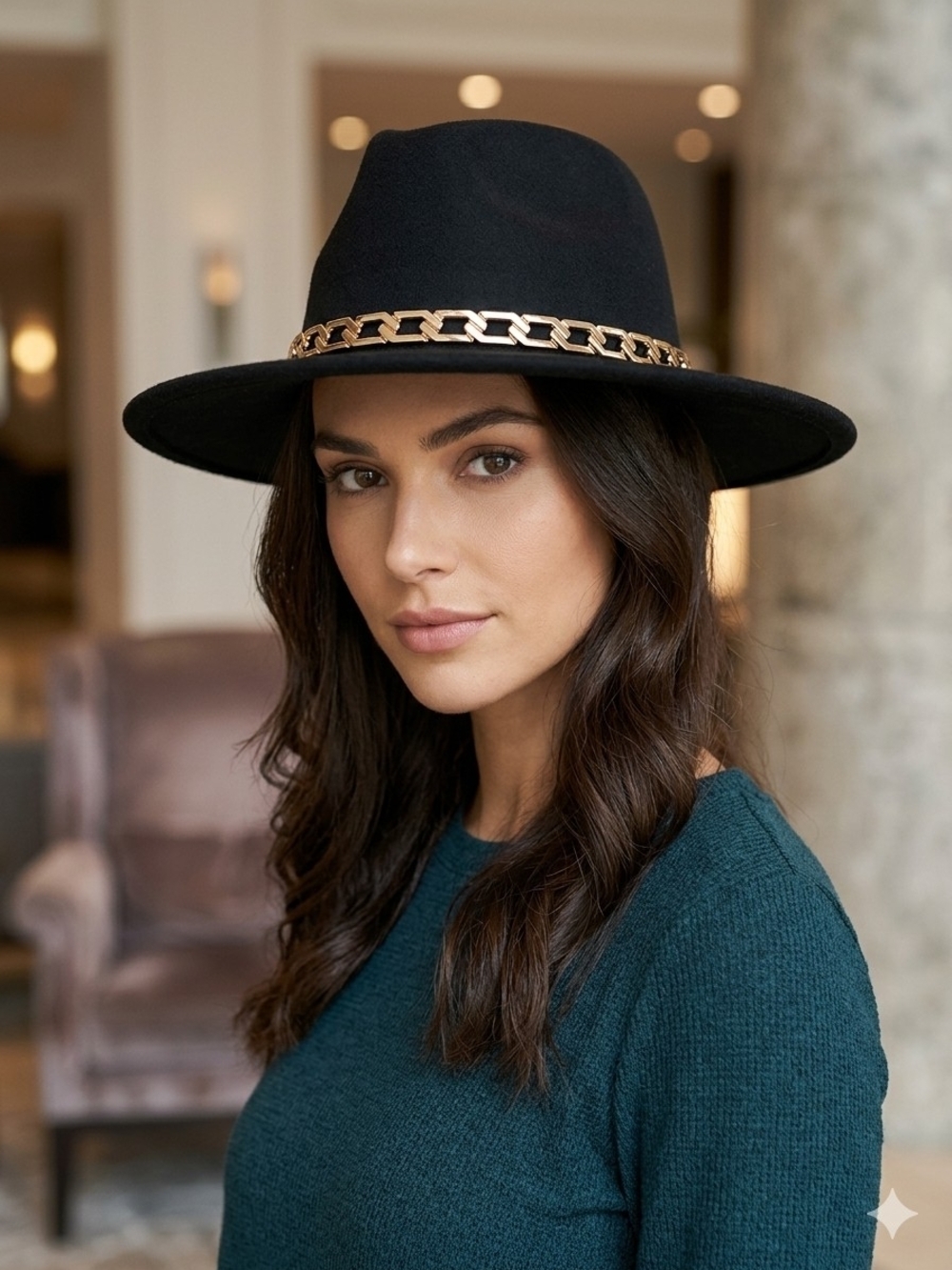 Kendall & Kylie Black Felt Fedora Hat with Gold Chain Accent One Size